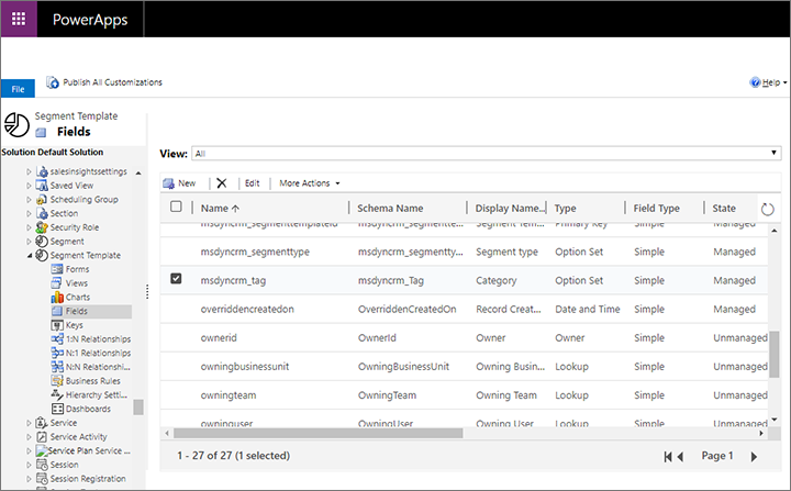 Segment template fields list.