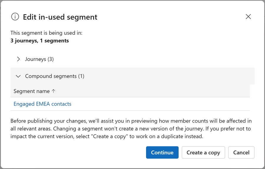 The Edit in-used segment dialog listing the dependent journeys and compound segments, with the Continue button.