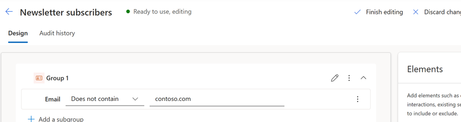 The segment builder in the editing state, showing the Finish editing and Discard changes commands.