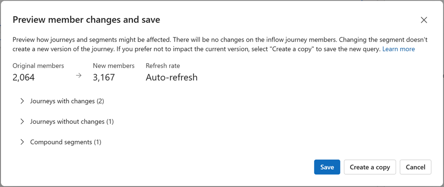 The Save, Create a copy, and Cancel options at the bottom of the Preview member changes and save dialog.