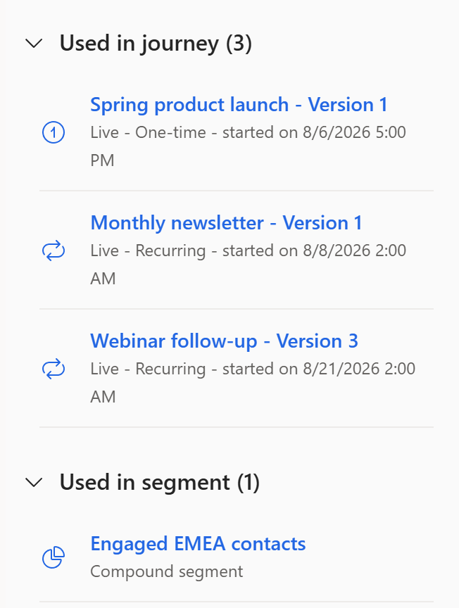 The Used in journey side pane listing three live journeys with their type, version, and start date.