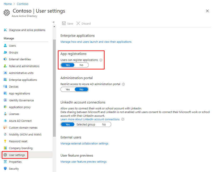 Azure user settings