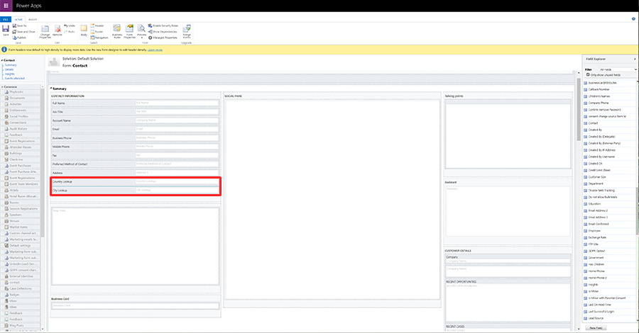 Screenshot of adding the lookups to the Contact form.