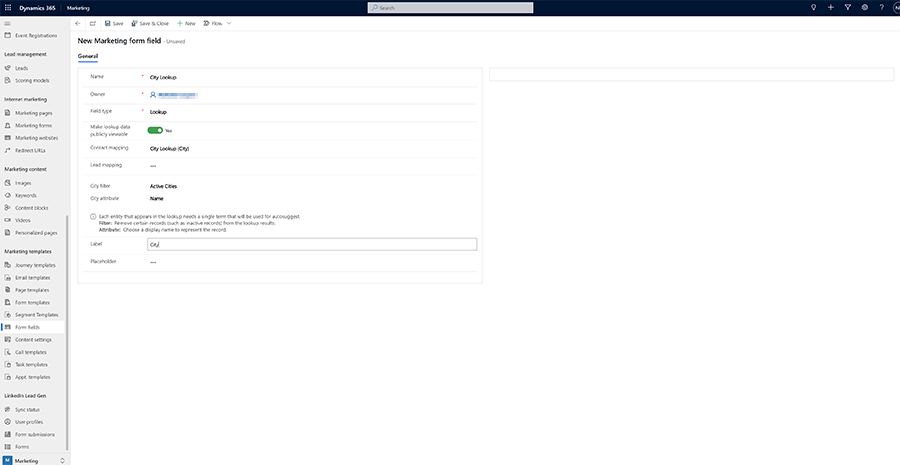 Screenshot of creating the city lookup form field.