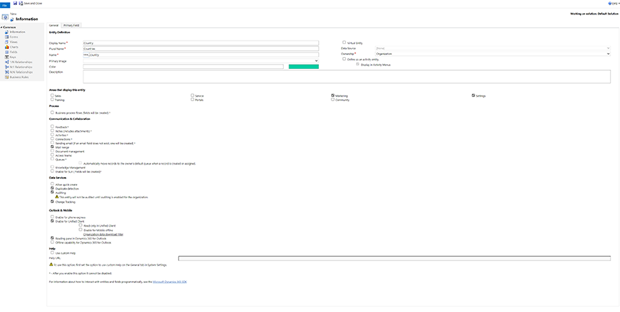 Screenshot of creating the Country entity.