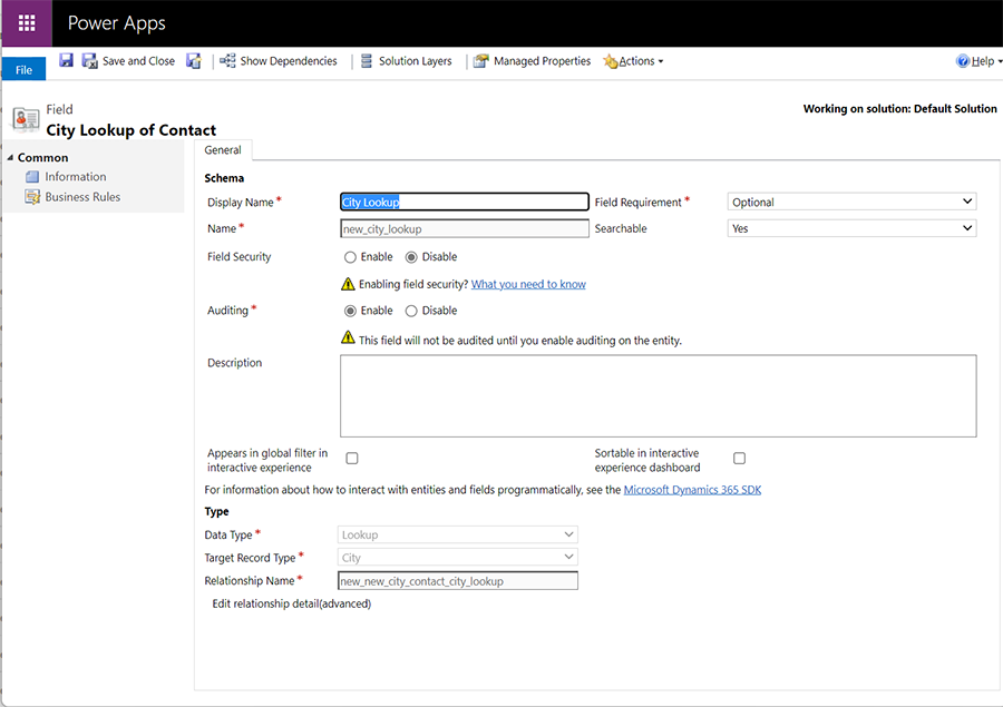 Screenshot of customizing the Contact entity for the City lookup.