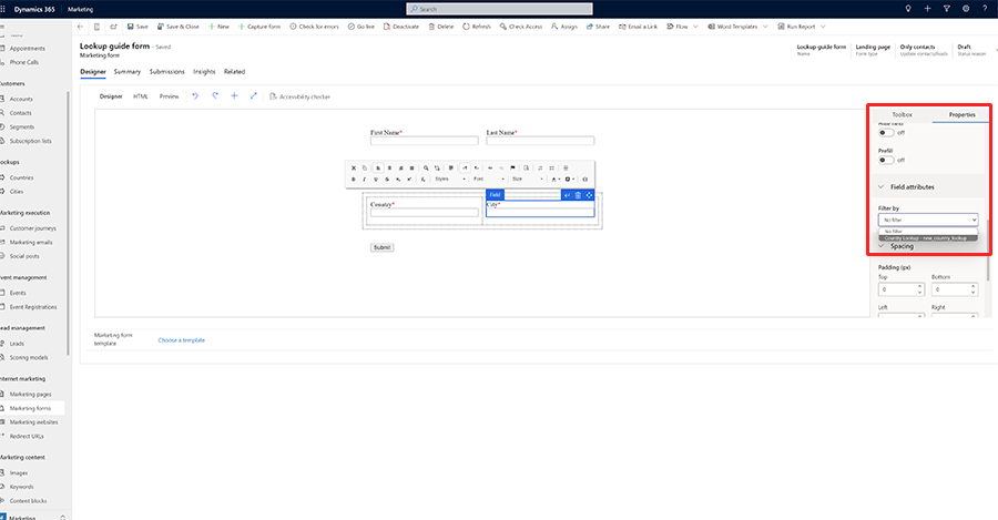 Screenshot of enabling filtering in the marketing form.