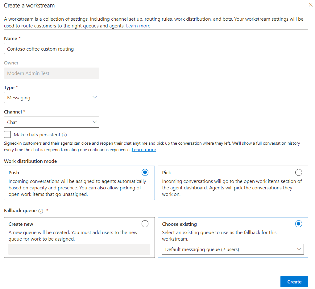 Settings for creating workstream for live chat.