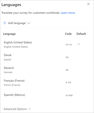 Languages added for the survey.