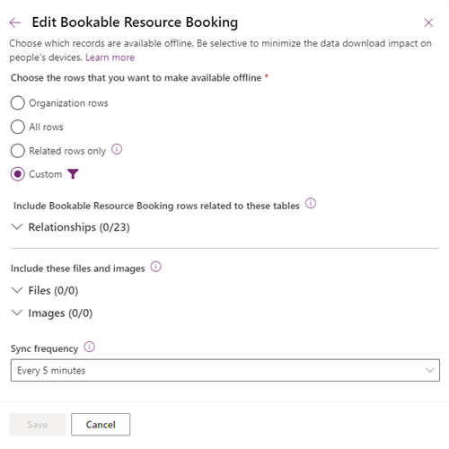 Screenshot of the Bookable Resource Booking table offline data settings in the Field Service mobile app offline profile.
