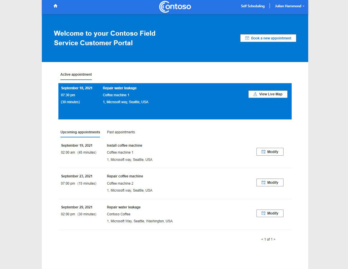 Screenshot of active appointments in the customer experience portal.