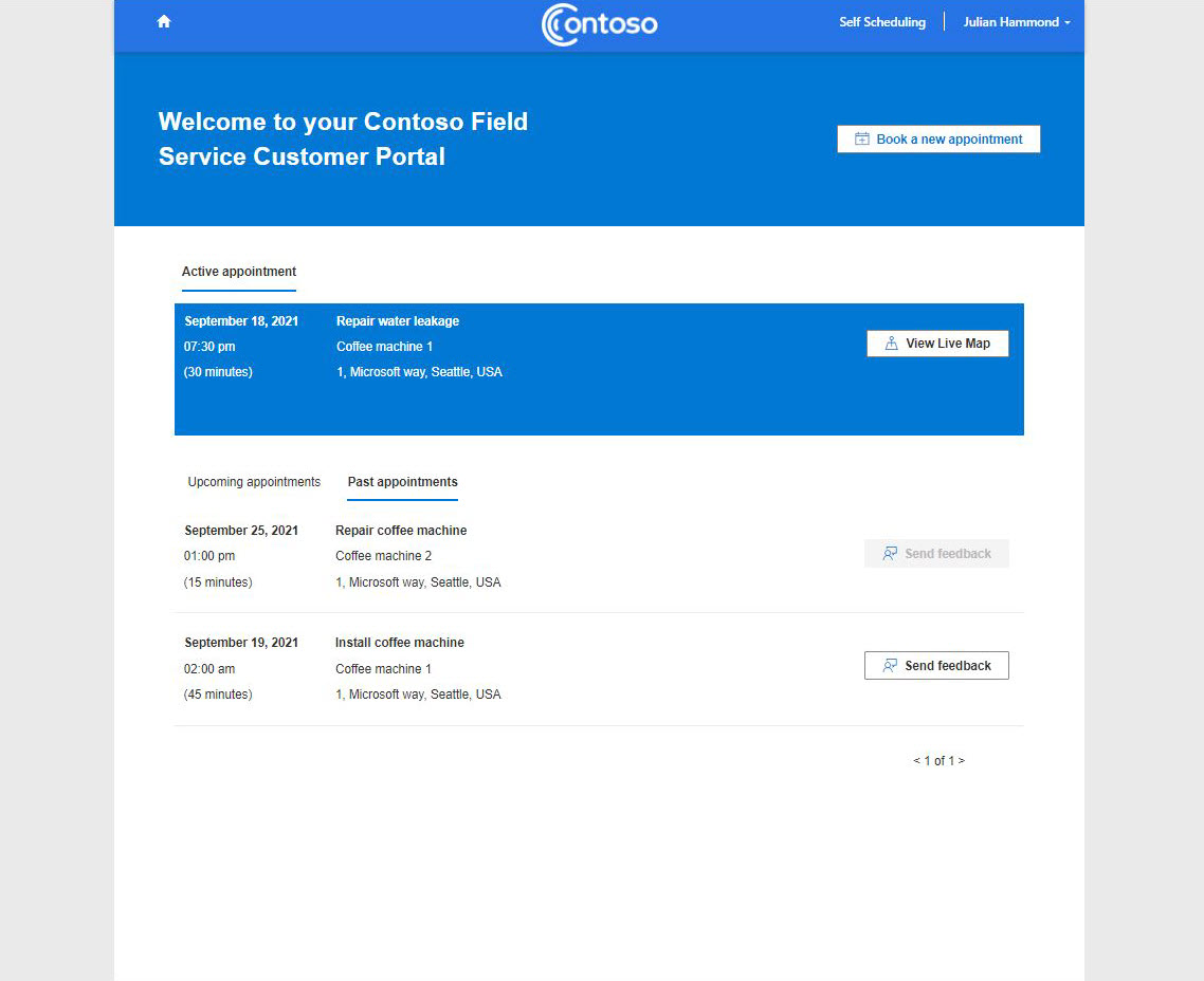 Screenshot of a list of past appointments in the customer experience portal, showing the option to send feedback.