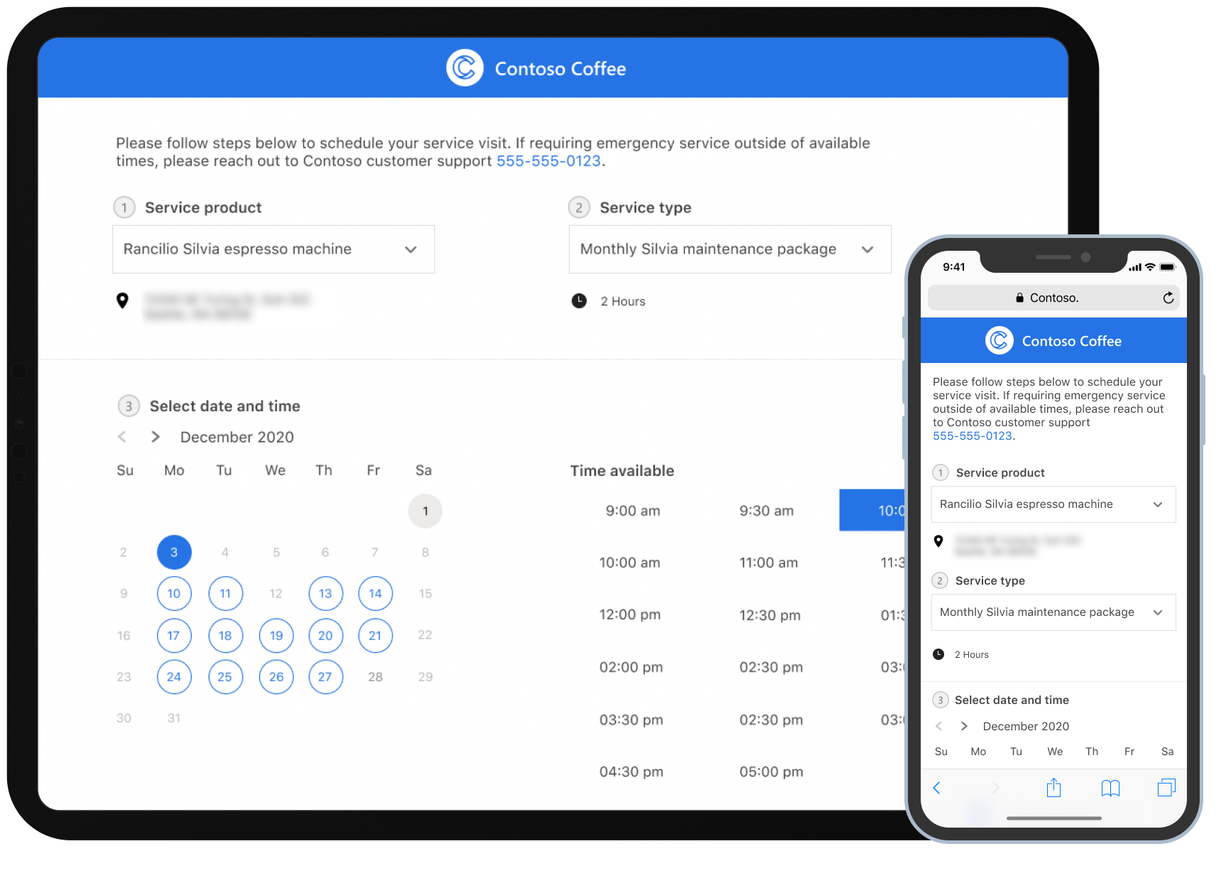 Screenshot of self-service scheduling functionality on a tablet and mobile device.