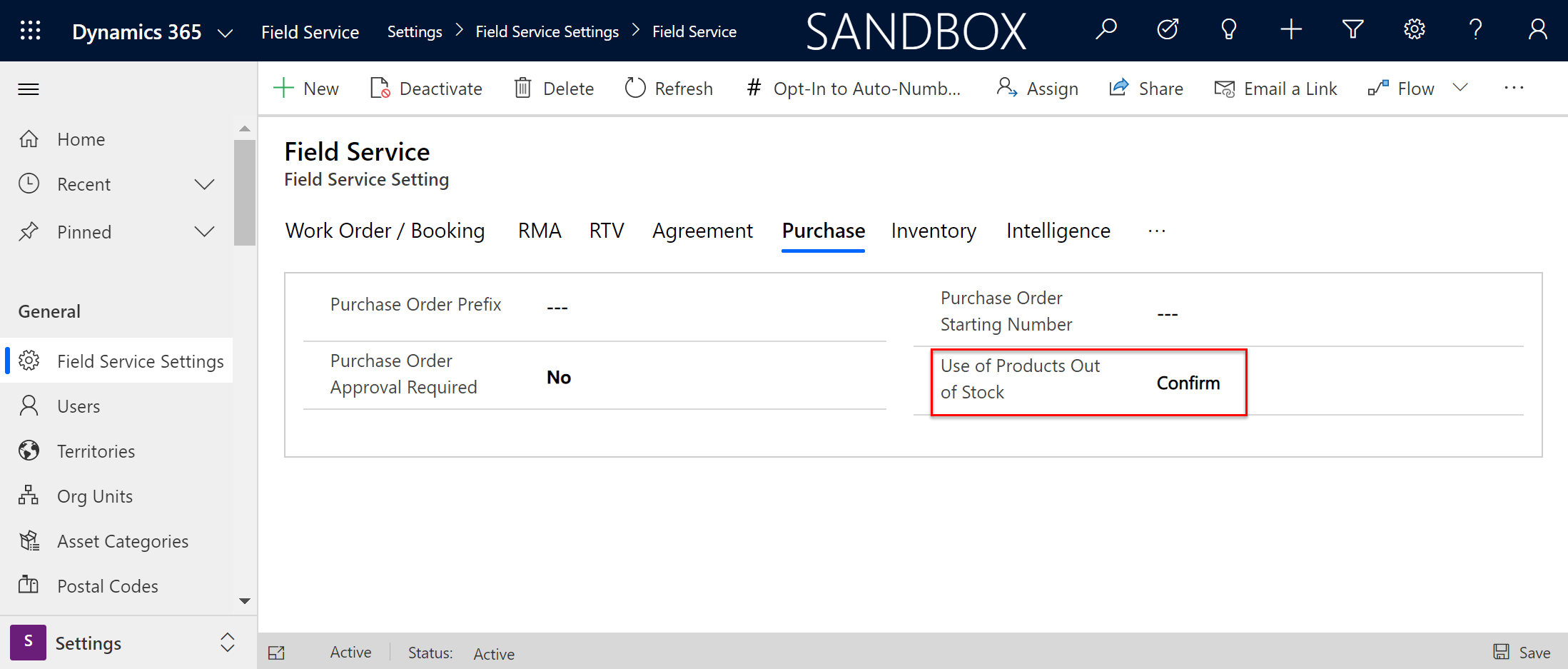 Screenshot of a field service setting on the purchase tab, showing the use of products out of stock field set to confirm.