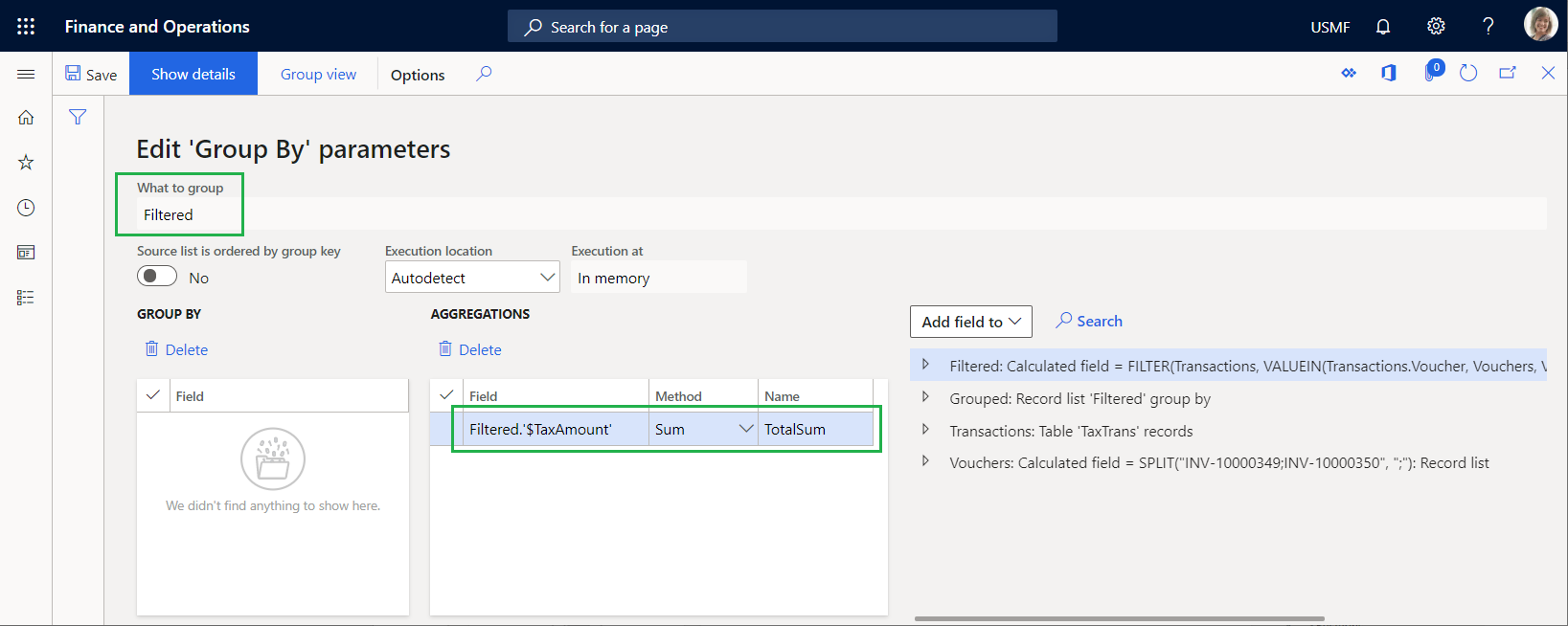 TotalSum aggregation field on the Edit 'GroupBy' parameters page.