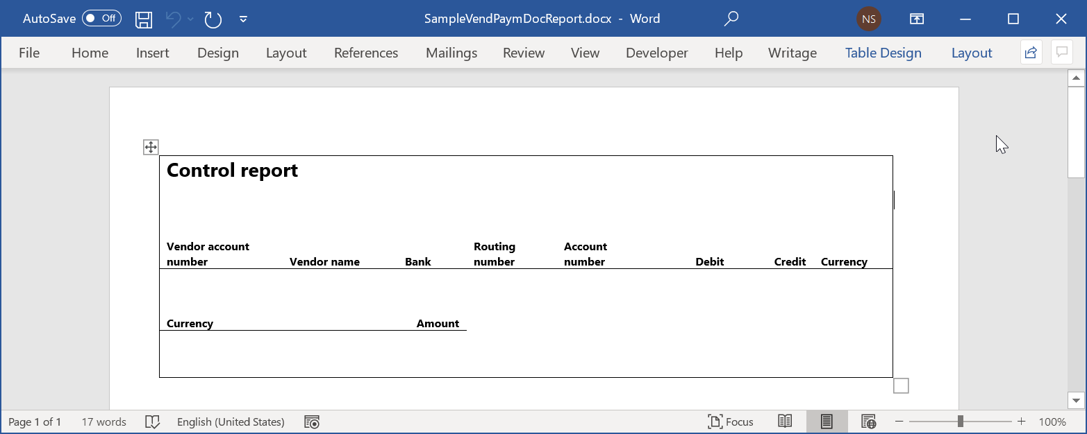 Sample template for the control report in the Word desktop application.
