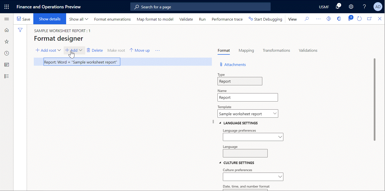 Adding nested elements on the Format designer page.