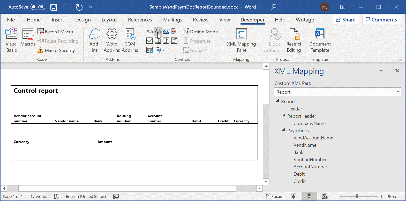 Adding and mapping content controls in the Word desktop application.
