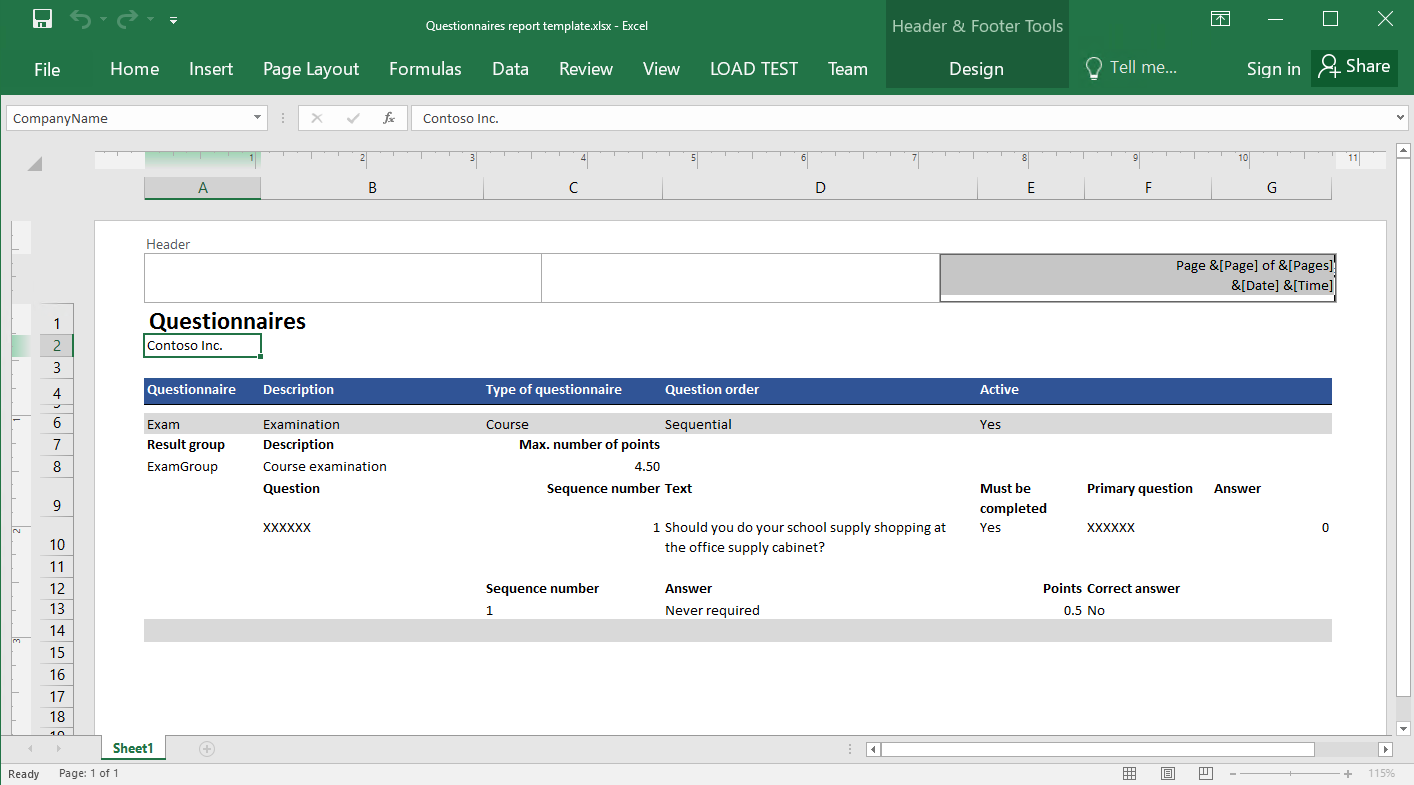 Custom report header in the provided Excel template.