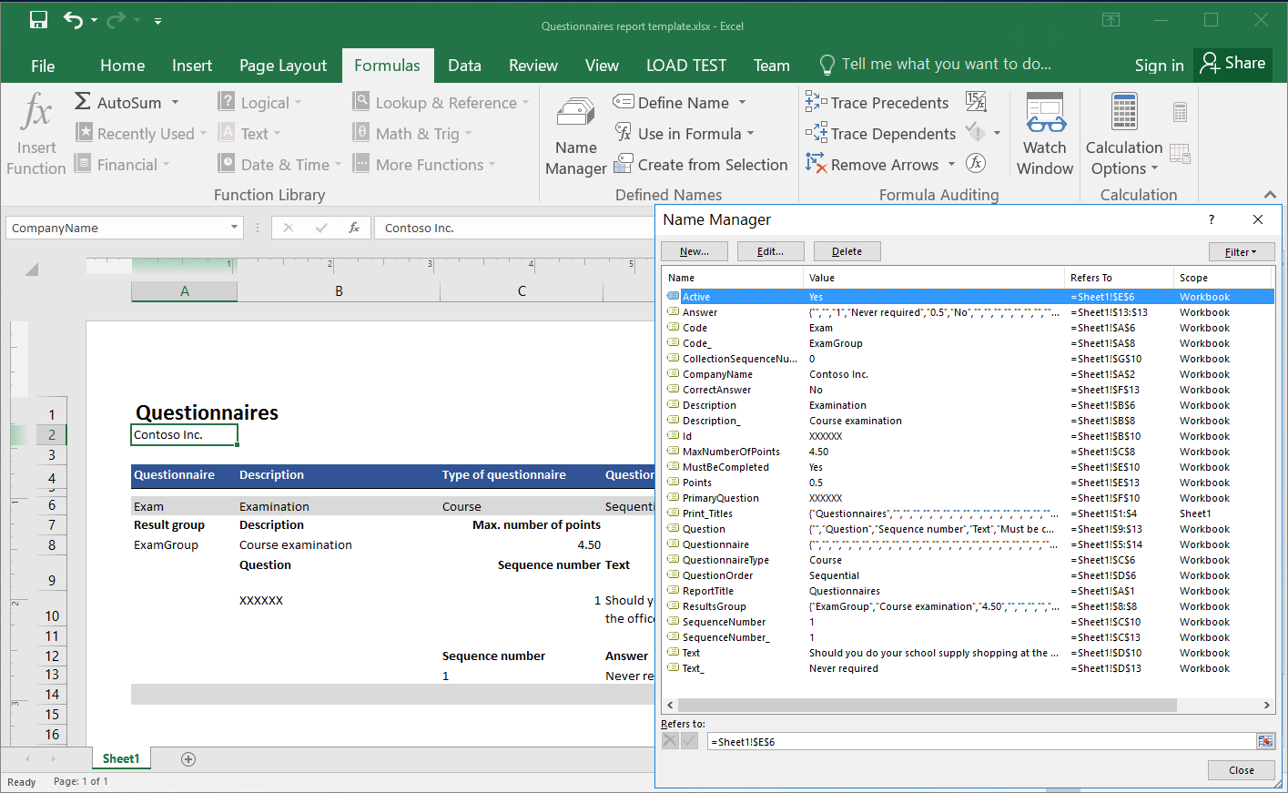 Using Name manager to review Excel names in the provided Excel template.