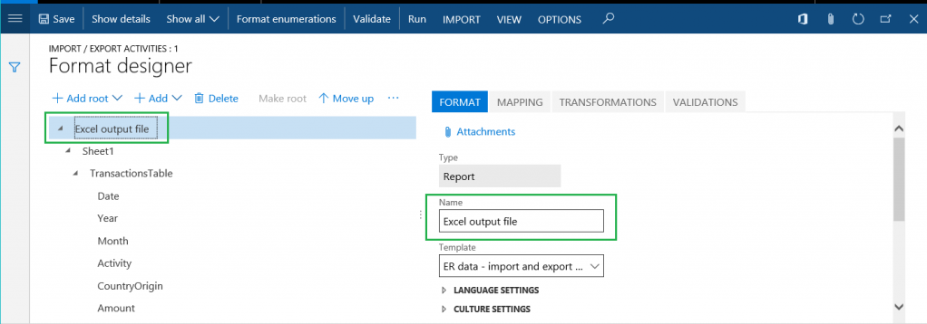 Excel output file element.