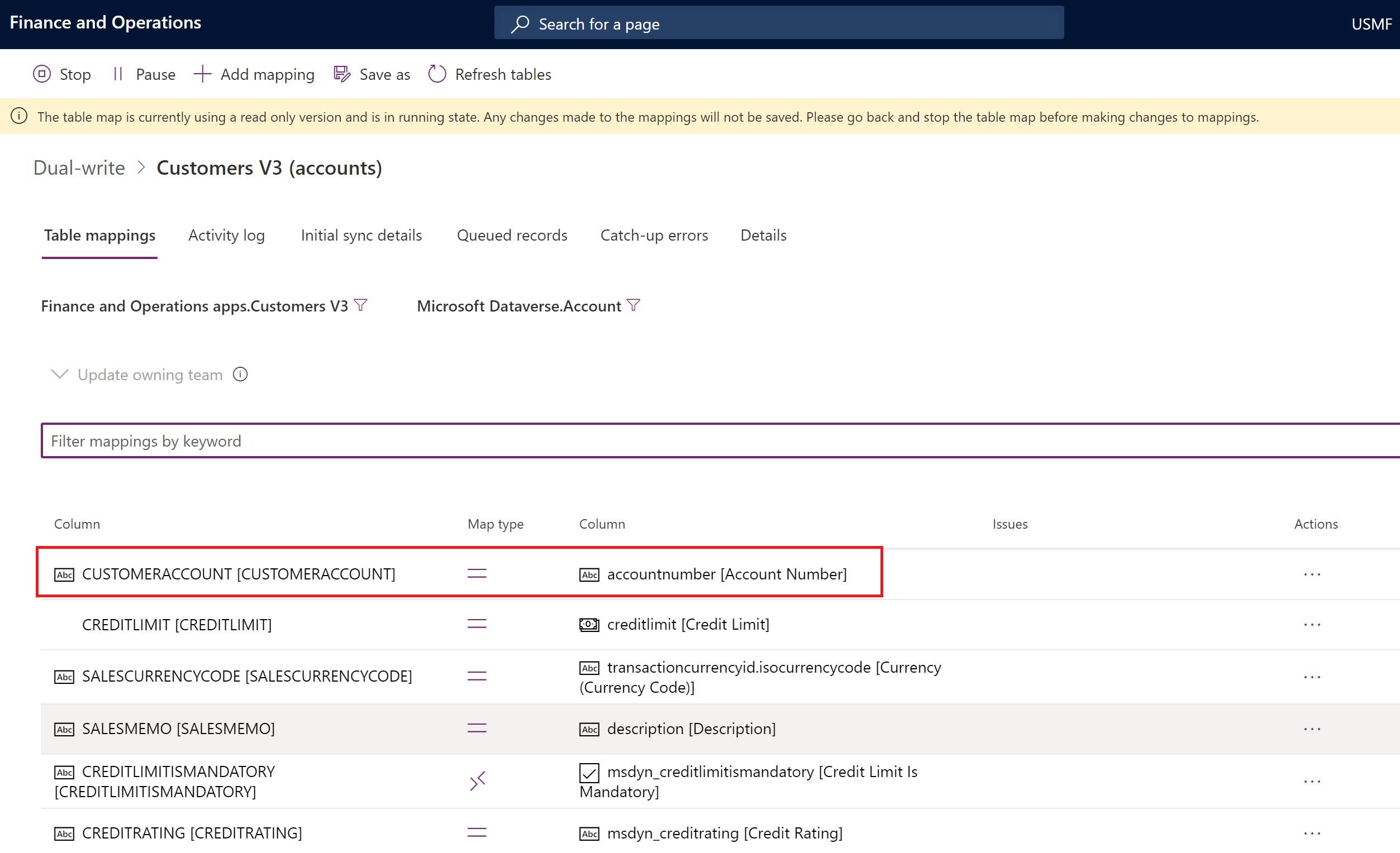 Screenshot of the table map showing accountnumber mapped to CustomerAccount.