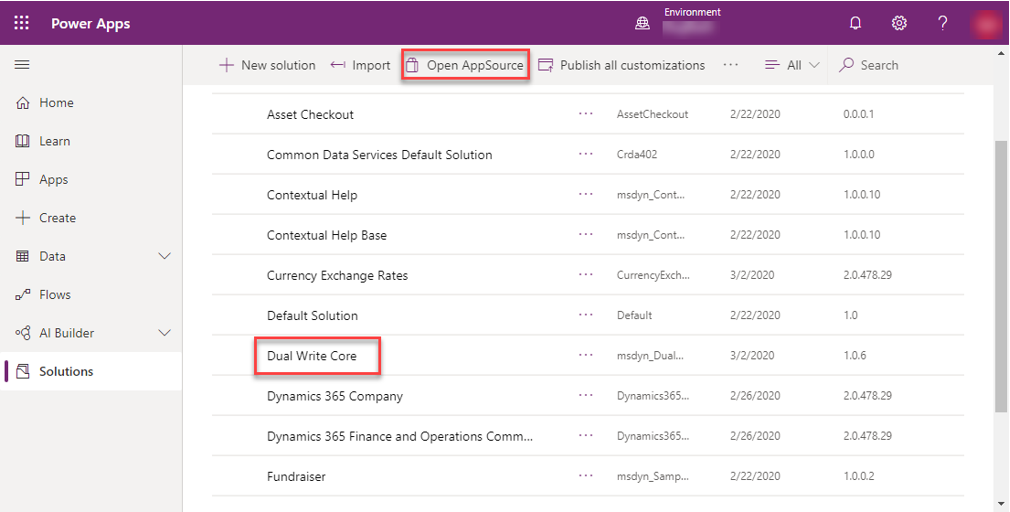 Screenshot of the import dual-write core solution dialog in Power Apps.