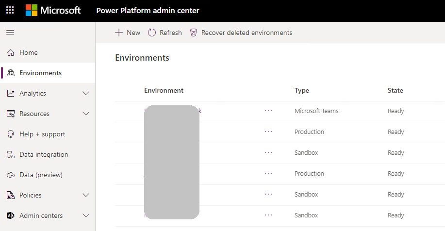 Screenshot of list of environments on the Environments page.