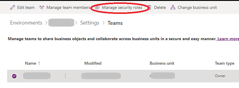Screenshot of Manage Security Roles button on the Teams page.