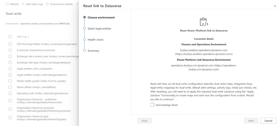 Screenshot of the Choose environment page in the Reset link to Dataverse wizard for scenario 1.