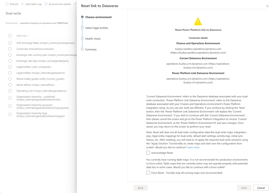 Screenshot of the Choose environment page in the Reset link to Dataverse wizard for scenario 2, Reset Power Platform link to Dataverse.