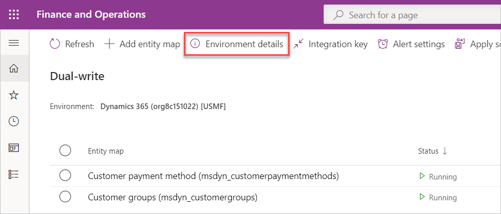 Screenshot of the Environment details button selected on the Dual-write table map list page.