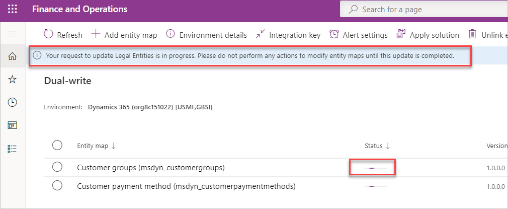 Screenshot of the Update legal entities progress indicator showing the update in progress.
