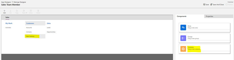 Screenshot of new Subarea component added to the Customer section in Sitemap Designer.