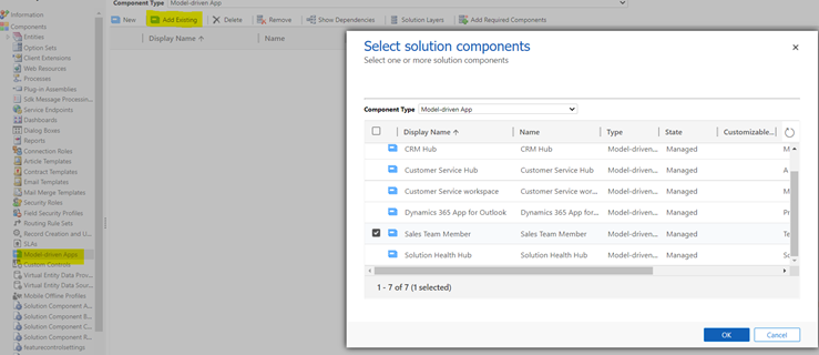 Screenshot of Sales Team Member app selected in the Select Solution Components dialog box.