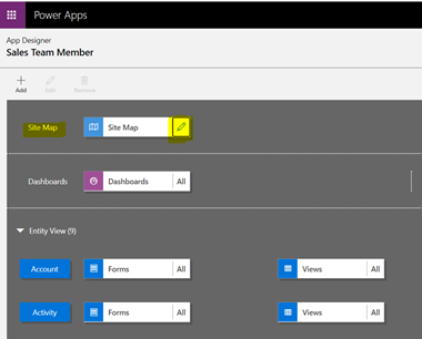 Screenshot of Edit button on the Site Map tile in App Designer.