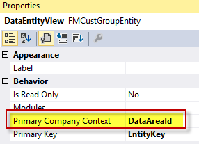 Screenshot of the PrimaryCompanyContext property set on the FMCustGroupEntity entity.