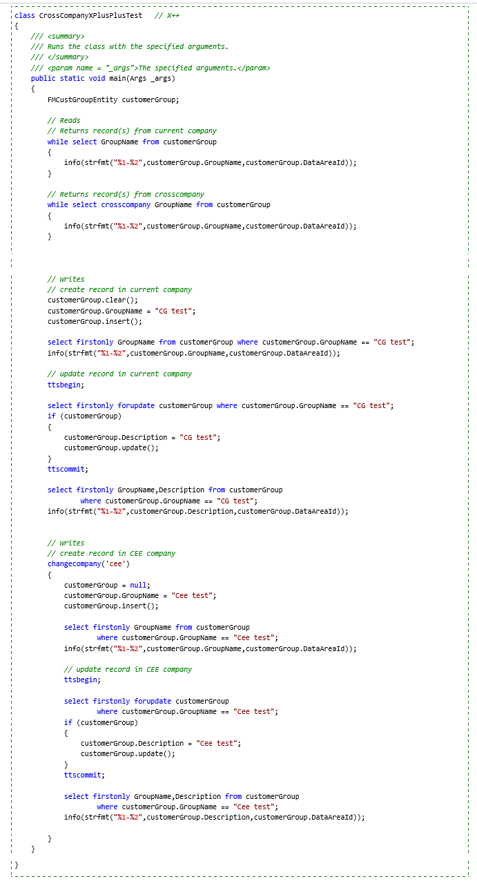 Screenshot of X++ code example that accesses FMCustGroupEntity.