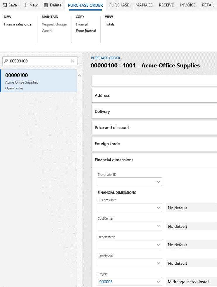 Screenshot of default dimension modified on a document line (purchase order line).