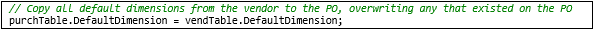 Screenshot of code used to copy default dimensions from the vendor to the purchase order.