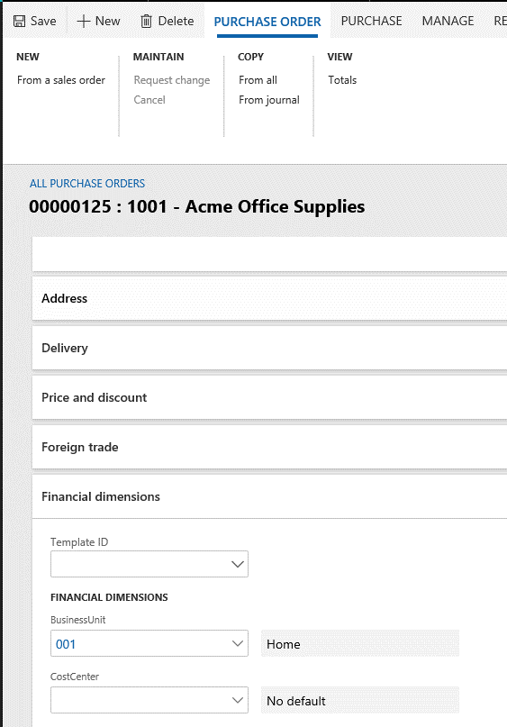 Screenshot of default dimension copied to a document header (purchase order).