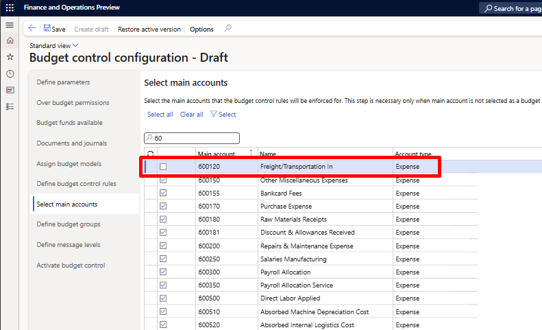 Screenshot of Select main accounts.