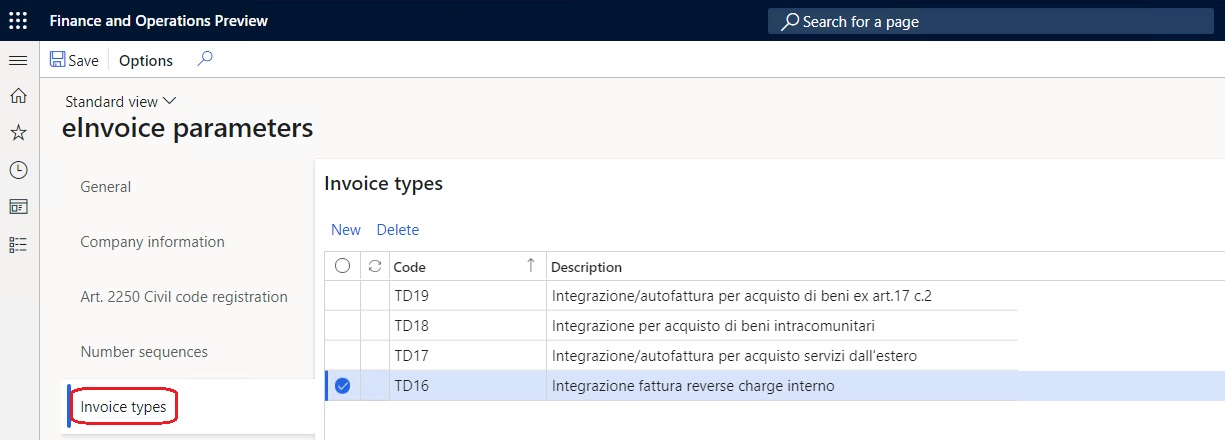 Screenshot of the Invoice types defined on the Invoice types tab of the Electronic invoice parameters page.