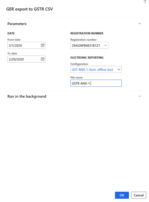 GER export to GSTR CSV dialog box for the ANX-1 report.