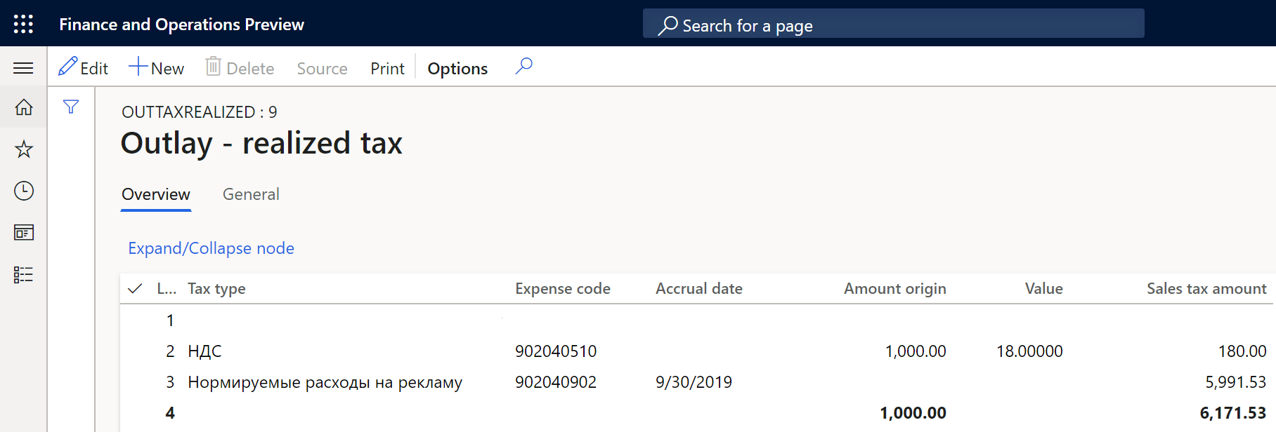 Example of the Outlay   realized tax register