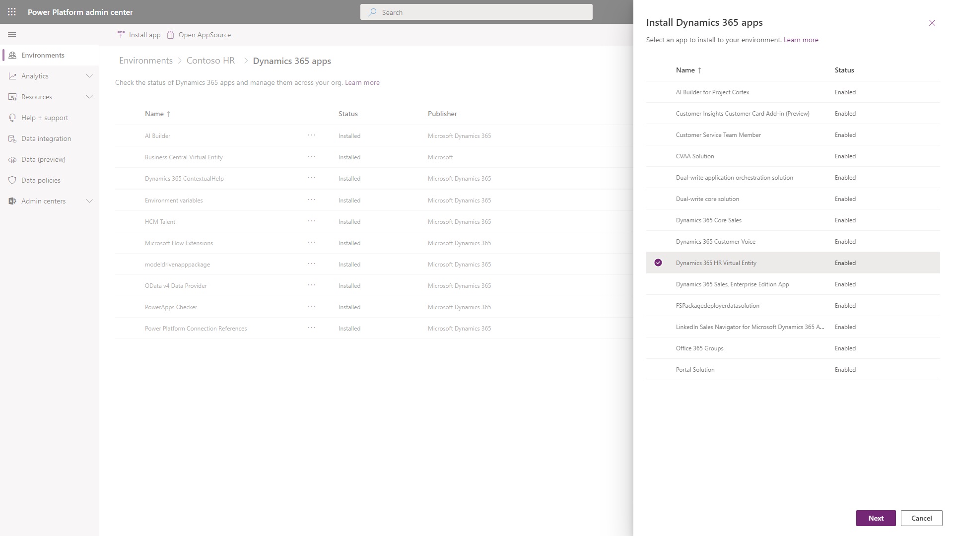 Install the Dynamics 365 HR Virtual Table app from the Power Platform admin center.