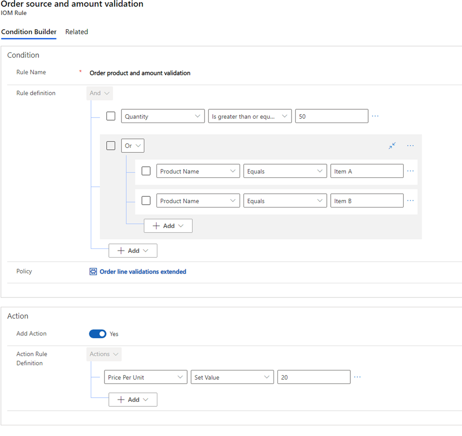 Screenshot of the sample policy setup in the rule editor screen.