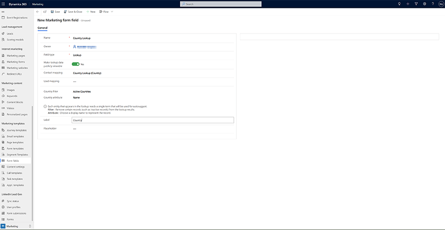 Screenshot of creating the Country lookup form field Screenshot of creating the country lookup form field.