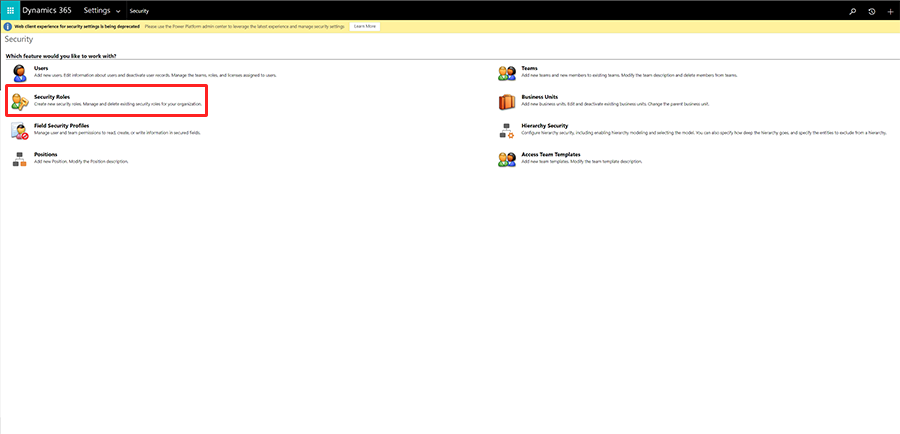 Screenshot of the Security Roles area Screenshot of the Security Roles area.