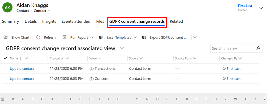 Screenshot of GDPR consent change records.